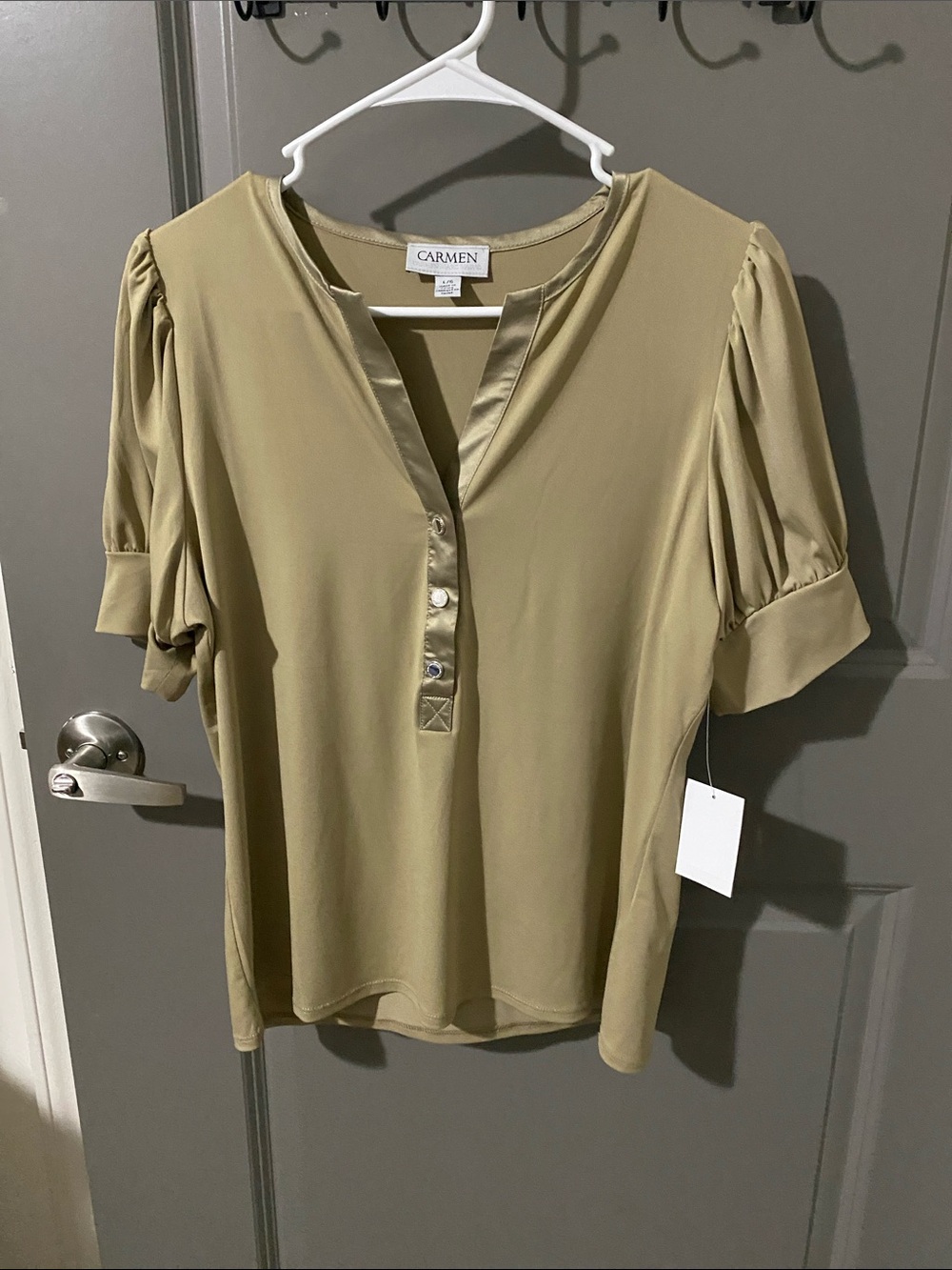 Carmen Olive Short Sleeve Henley Blouse
